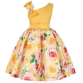 Oblique Shoulder Childrens Dress Rose Print Dress Girls Evening Party Costume-Yellow