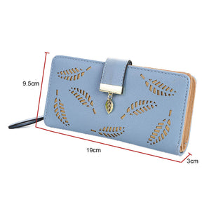 Womens Long Leaf Bifold Wallet Leather Zipper Buckle Elegant Clutch-Blue