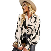 Printed Blouses for Women Button Down Long Sleeve Shirts Loose Fit Tops-Apricot