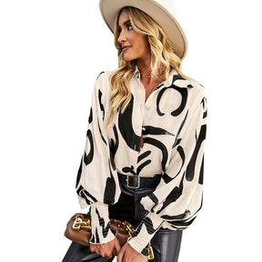 Printed Blouses for Women Button Down Long Sleeve Shirts Loose Fit Tops-Apricot