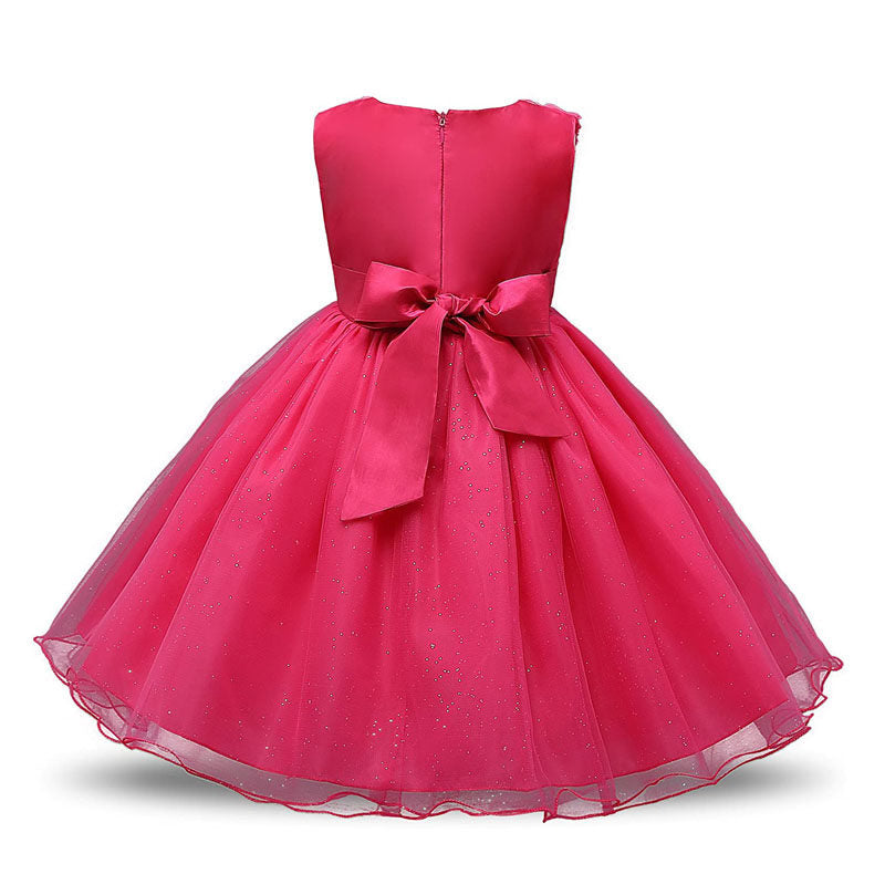 Girl Sleeveless Lace 3D Flower Tutu Holiday Princess Wedding Dresses-Rose Red