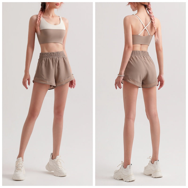 Color Stitching Sports Bra with Removable Cups Criss-Cross Back Vest-Khaki
