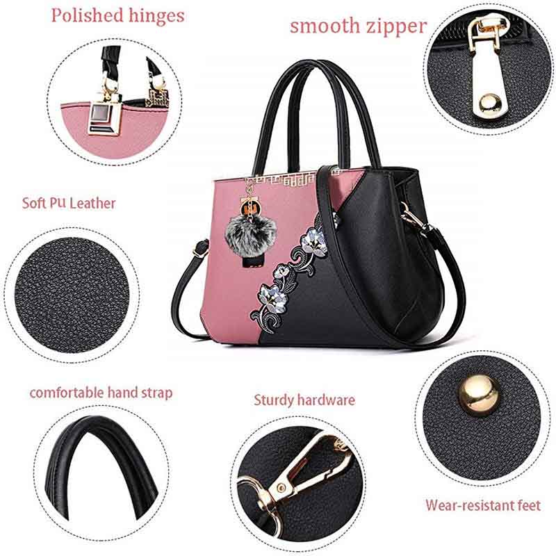 Embroidered Women Top Handle Satchel Fashion Shoulder Bags with Hairball-Pink