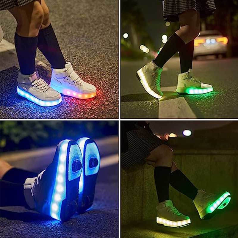 Kids Light Up Roller Skate Shoes High Top Sneakers Double Wheels-White