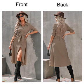 Womens Button Down Shirt Dresses Long Sleeve Causal Belted Slits-Khaki