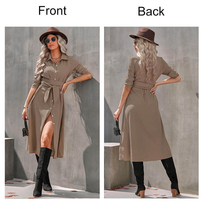 Womens Button Down Shirt Dresses Long Sleeve Causal Belted Slits-Khaki