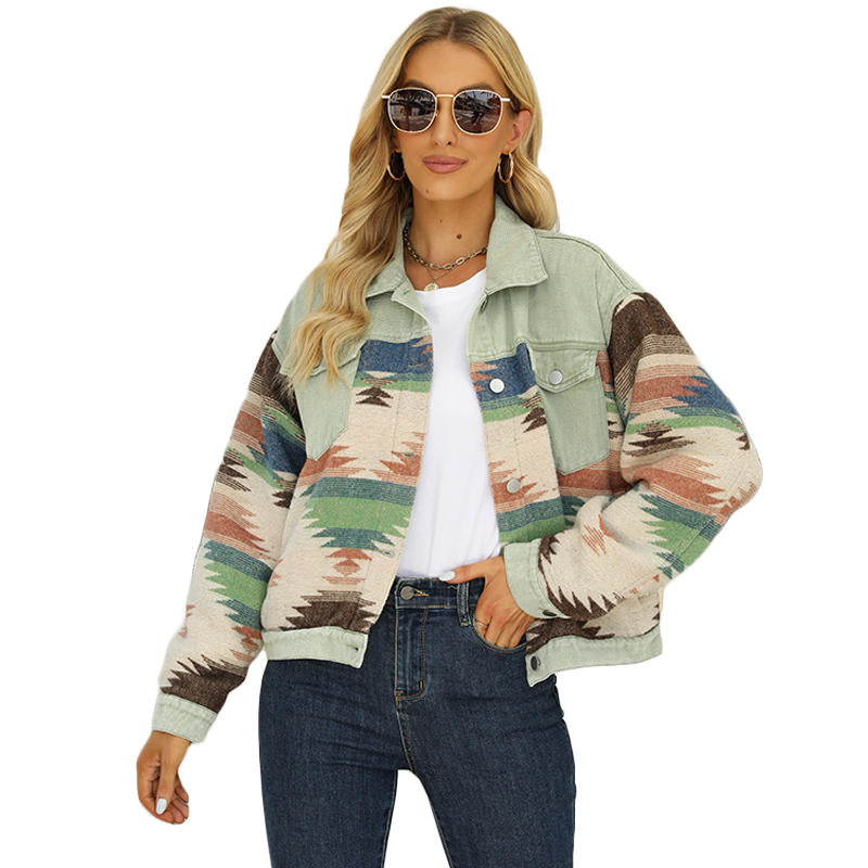 Denim Jacket for Women Aztec Print Contrast Color Cropped Coat-Green