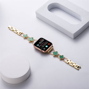 Apple Watch Band Luxury Four-leaf Clover Thin Stainless Steel for iWatch Series SE/6/5/4/3/2/1-Gold+Green