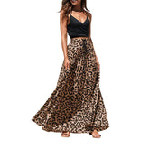Women's Gold Velvet Fashion Leopard Printing Maxi Skirt High Elastic Shirring Waisted Dress-Khaki