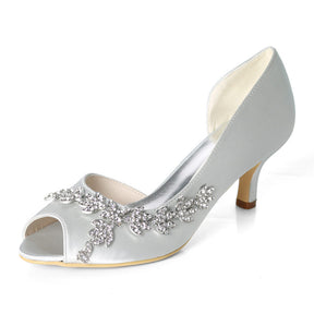 Womens Rhinestone Leaf Low Heels Satin Evening Party Prom Pumps-Silver