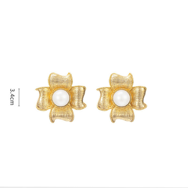 Flower Pearl Stud Earrings Hypoallergenic for Women Girls-Gold