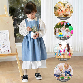 Girls Linen Cotton Apron Adjustable Bib for Cooking Painting-Blue