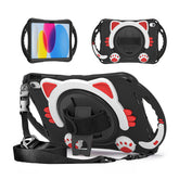 Cat Tablet Case For iPad 10th Rugged with Shoulder Strap-BlackRed