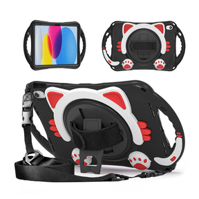 Cat Tablet Case For iPad 10th Rugged with Shoulder Strap-BlackRed