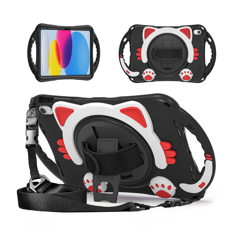 Cat Tablet Case For iPad 10th Rugged with Shoulder Strap-BlackRed