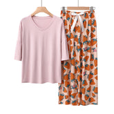2 Pack Womens Pajama Set Print Sleepwear Soft V-Neck Short Sleeve Top With Pants-1