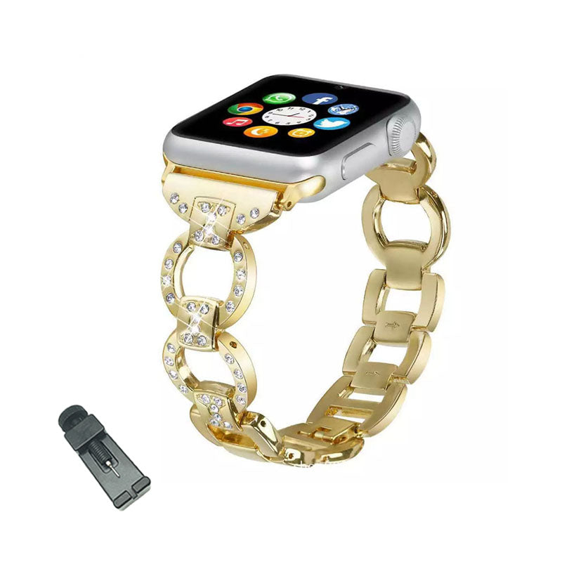 XBZ Bling Stainless Steel Watch Band Adjustable Wristbands for Apple IWatch Series SE/1/2/3/4/5/6 For Women-Gold