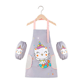 Kids Adjustable Kitchen Apron with Sleeve Covers for Cooking Painting-Gray Cat