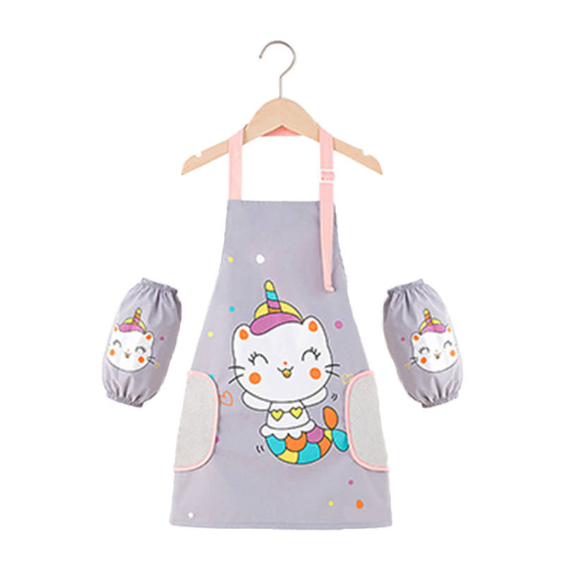 Kids Adjustable Kitchen Apron with Sleeve Covers for Cooking Painting-Gray Cat