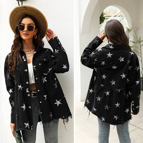 Star Print Jacket for Women Frayed Hem Distressed Denim Coat-Black