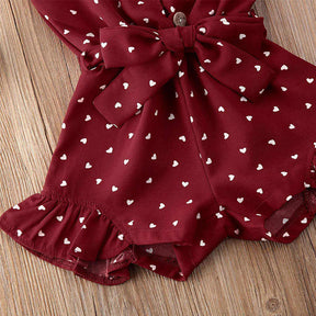 Baby Girl Clothes Self Tie Sleeveless Romper Heart Shape Print Jumpsuit-WineRed