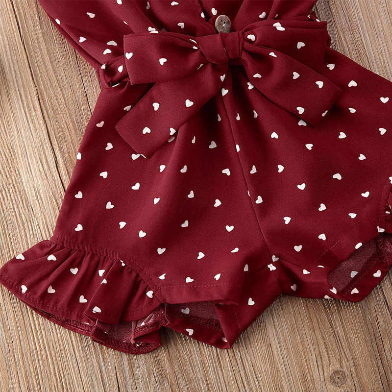 Baby Girl Clothes Self Tie Sleeveless Romper Heart Shape Print Jumpsuit-WineRed