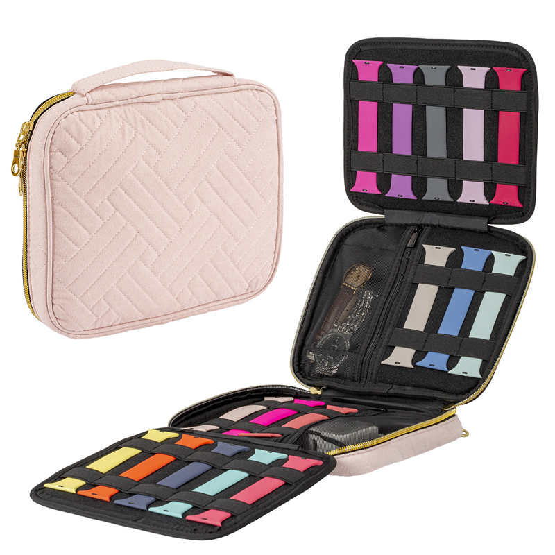Watch Bands Storage Bag Up to 16 Watch Bands Organizer Travel Watch Straps Carrying Case Pouch-Pink