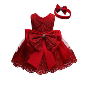 2-6T Little Girl Bowknot Lace Dress Party Wedding Dresses with Headwear-WineRed