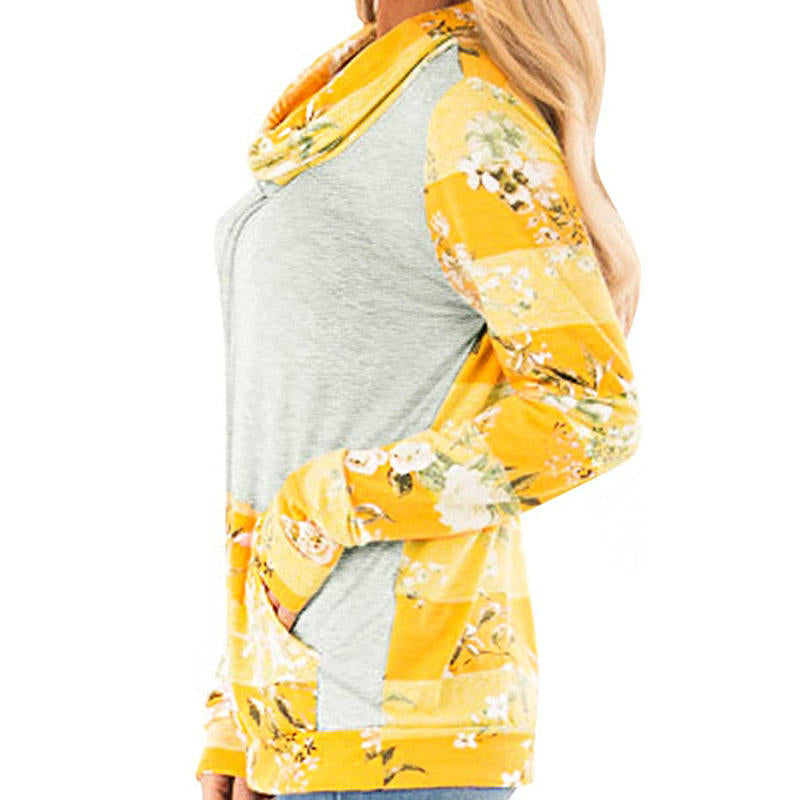 Womens Striped Floral Stack Neck Sweatshirt with Pockets-Yellow