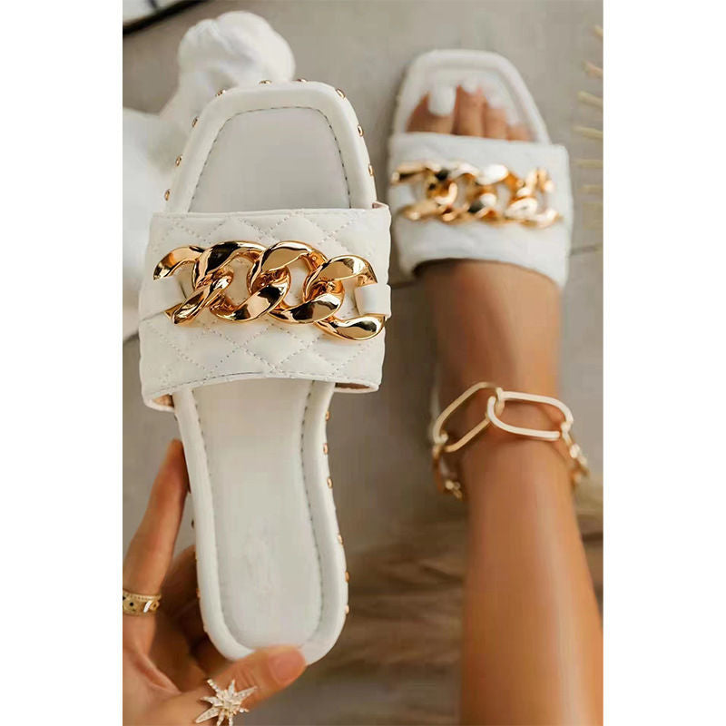 Womens Open Toe Sandals Gold Chain Backless Slippers-White