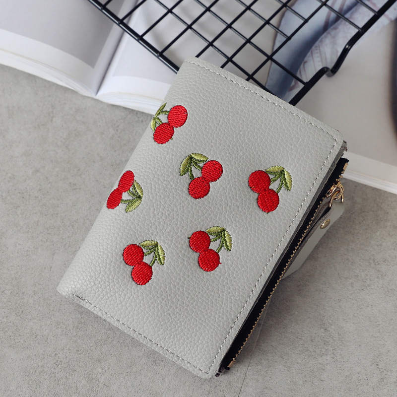 Women Cute Small Wallet Cherry Pattern Card Holder-Grey