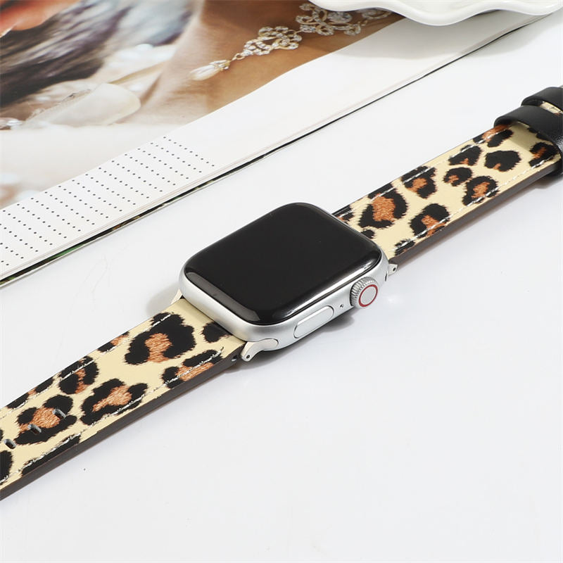 Genuine Leather Apple Watch Band Leopard Wristband for iWatch Series SE/6/5/4/3/2/1-Brown