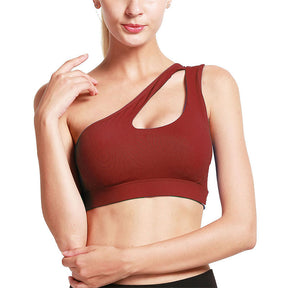 One Shoulder Sports Bra Removable Padded Sexy Cute Workout Top-Red