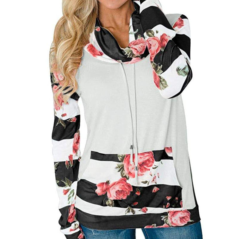 Womens Striped Floral Stack Neck Sweatshirt with Pockets-Black