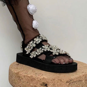 Womens Flat Sandals with Rhinestones Velcro Dress Beach Shoes-Black