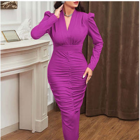 Lookbook Womens Long Sleeved V Neck Wrap Dress Ruched Bodycon for Party