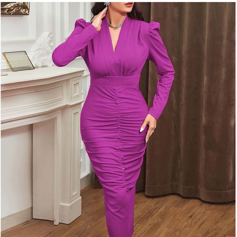 Lookbook Womens Long Sleeved V Neck Wrap Dress Ruched Bodycon for Party
