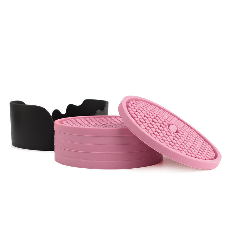 Silicone Drink Coasters Set of 6 in Holder for Drinks Insulation Absorbent Coaster Protect Cup-Pink