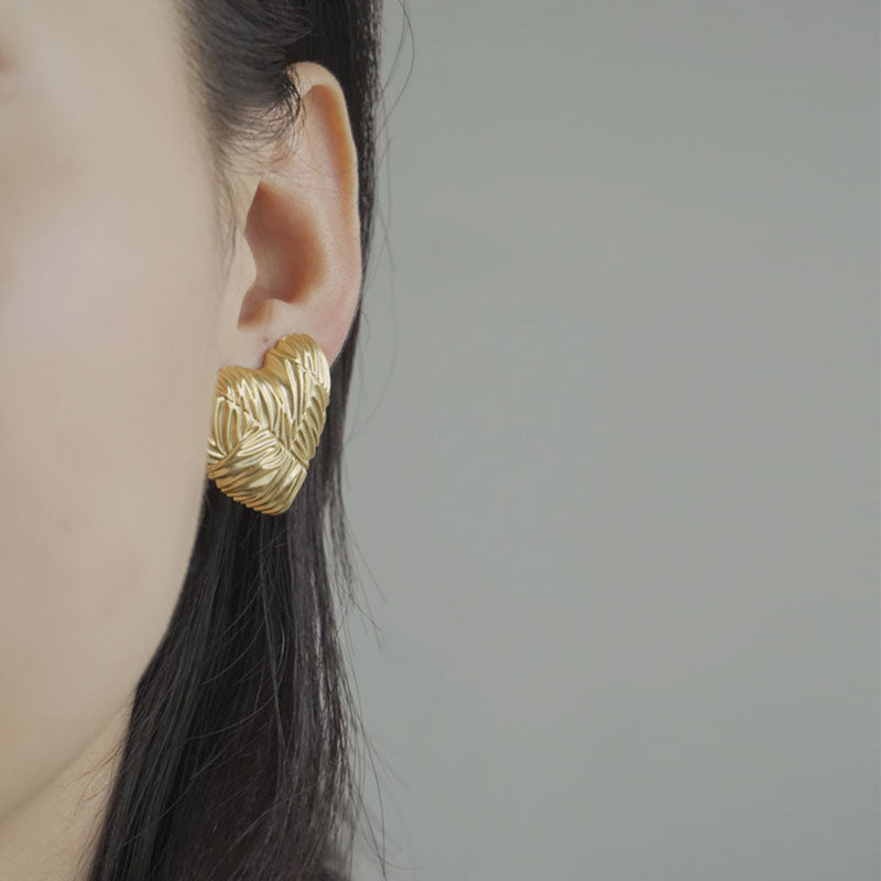 Gold Embossed Heart Clip-On Stud Earrings for Women