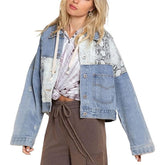 Womens Distressed Denim Jacket Patchwork Print Ripped Outwear-SnakePattern