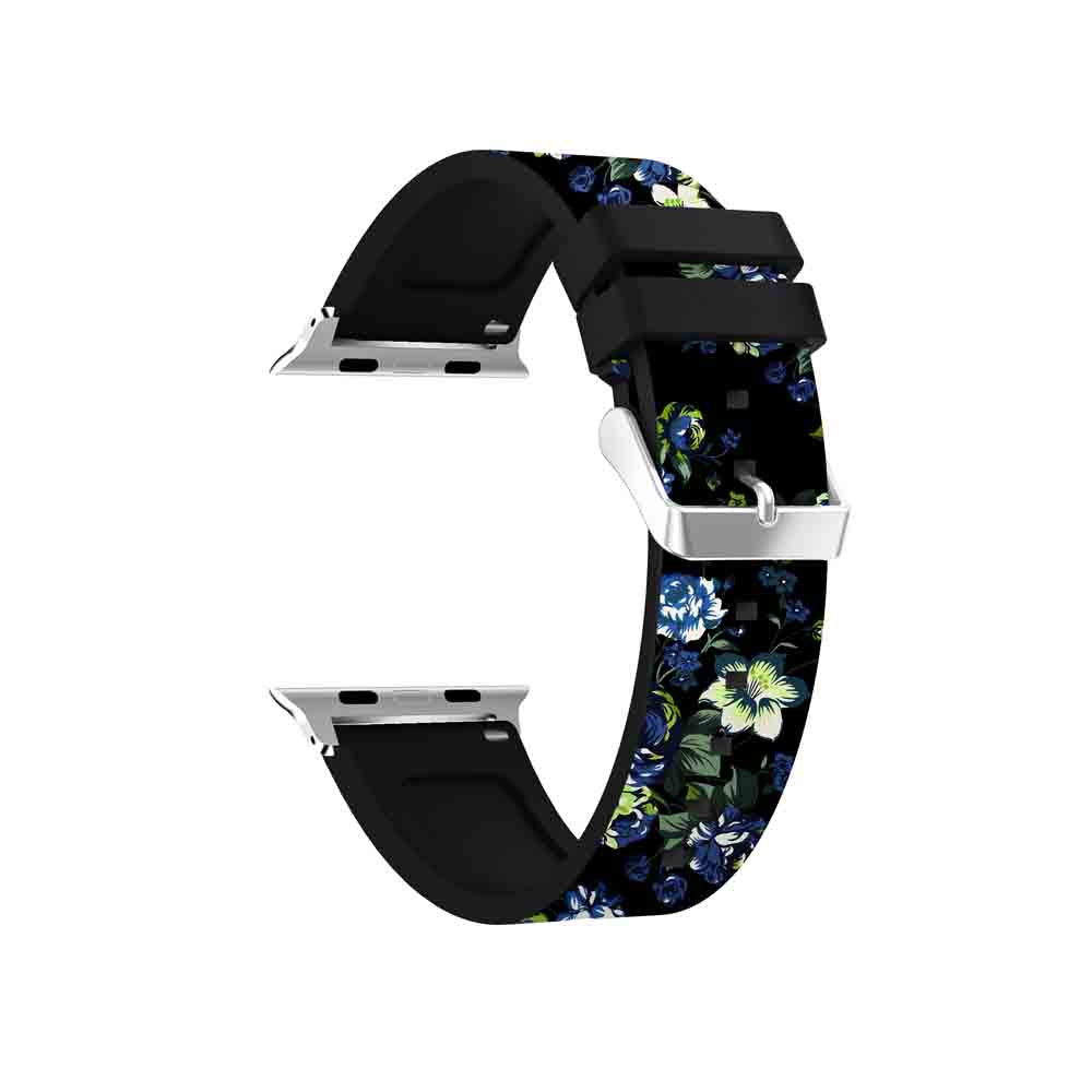Flower Printing Silicone Watch Band For Apple Watch SE/6/5/4/3/2/1(Black Green)