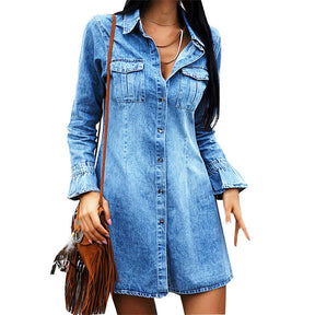 Womens Denim Dress for Autumn Long Sleeve Slim Fit A-line Skirt