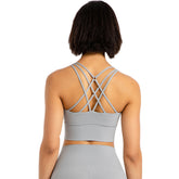 Cross Back Longline Sports Bras Wirefree Padded Crop Tank Top-Grey