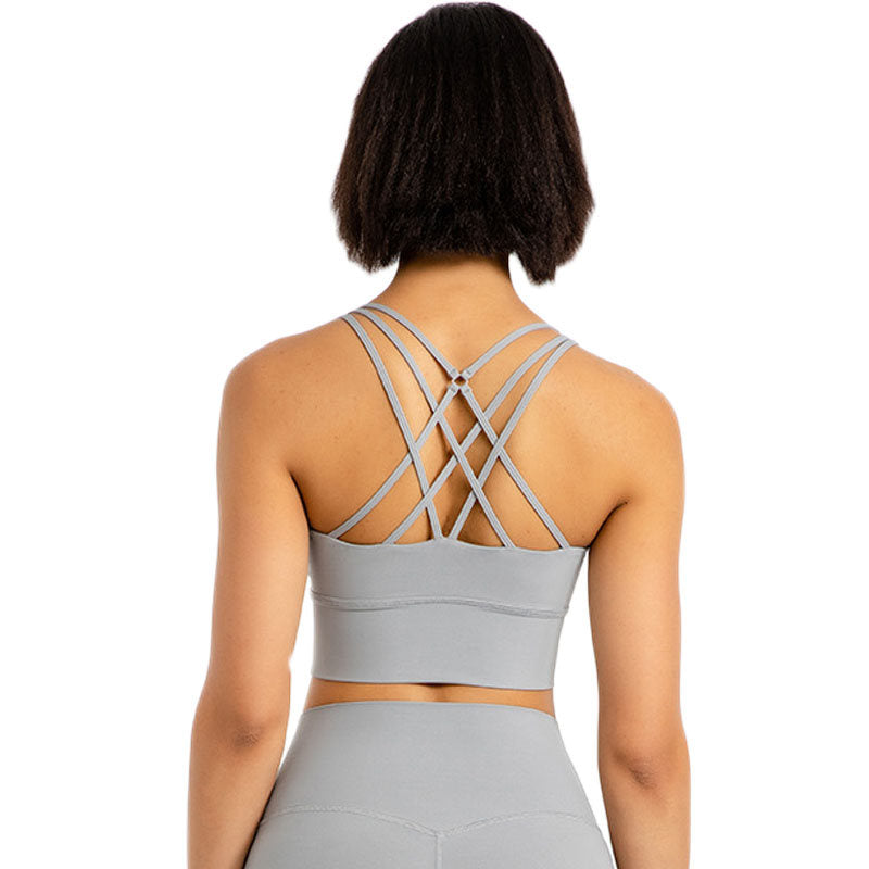 Cross Back Longline Sports Bras Wirefree Padded Crop Tank Top-Grey