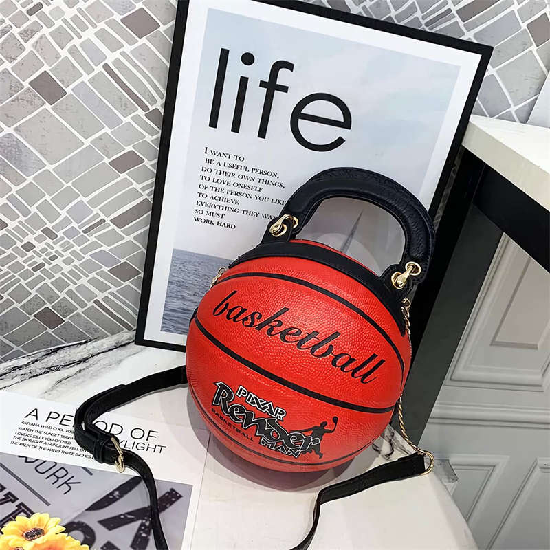 Basketball Shaped Handbags PU Adjustable Strap Messenger Bag for Women Girls-Red