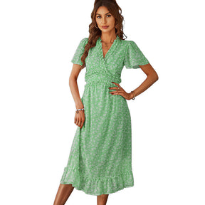 Womens V Neck Floral Dress Summer Beach Vacation Chiffon Dress-Green