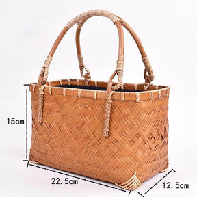 Retro Womens Bamboo Handbag Handmade Large Tote Bag Wicker Basket Bag-Orange