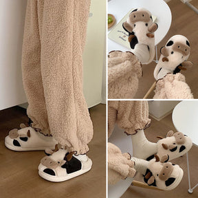 Cute Plush Cow Slippers for Women Anti-Slip Winter House Shoes