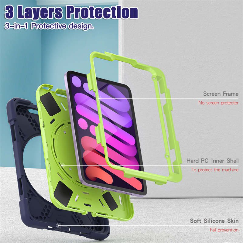 OnePieceB iPad Case For iPad Mini 6 Rugged Shockproof Case With Holder and Shoulder Strap-NavyLime