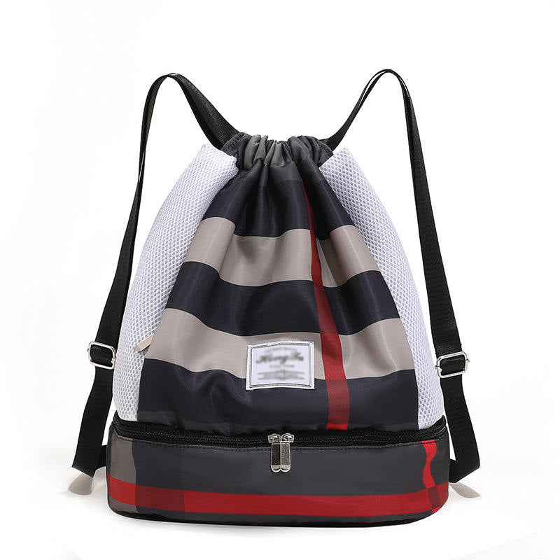 Womens Drawstring Bag Large Wet and Dry Separation Backpack-BlackGrid